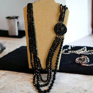 Black Beaded Necklace with Multiple Strands